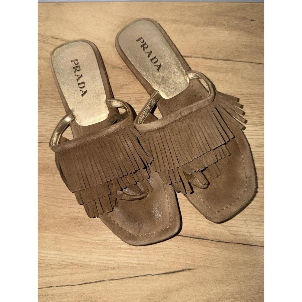Prada black suede fringe flat sandal size 37/ US 6.5